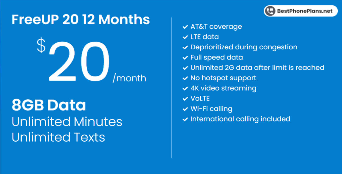 FreeUP Mobile twenty dollar 8GB annual plan