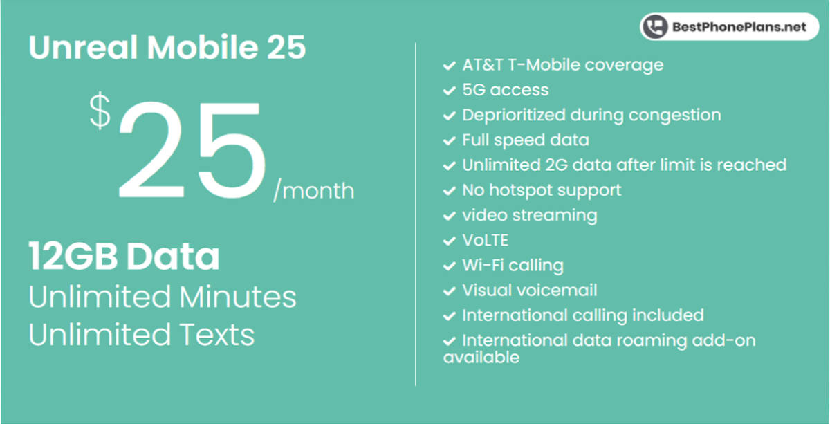 Unreal Mobile twenty-five dollar 12GB annual plan