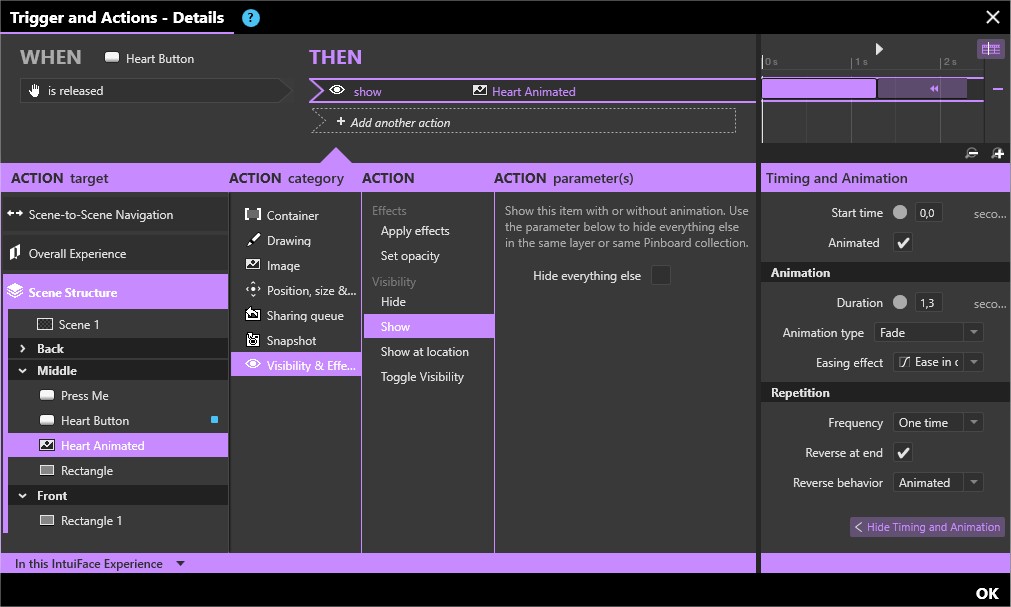 Triggers and Actions to create an animated heart button when pressed