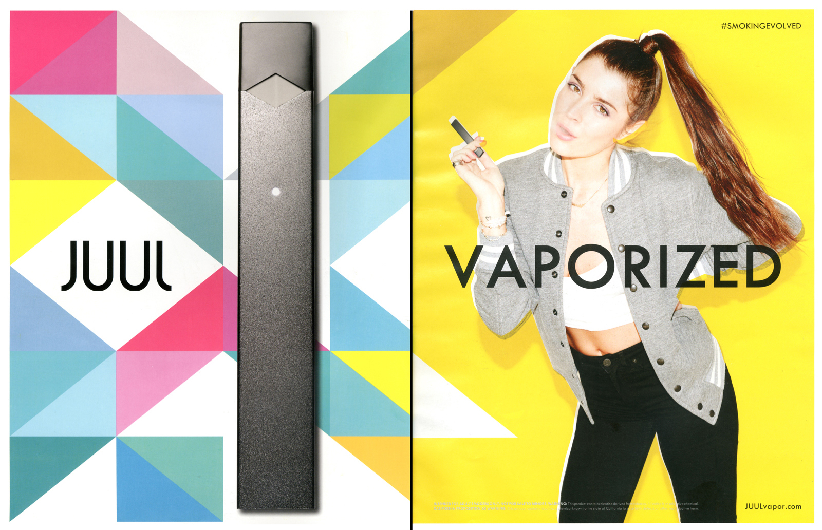 Juul Advertisement with multicolored shapes, a juul device and a young women smoking a Juul
