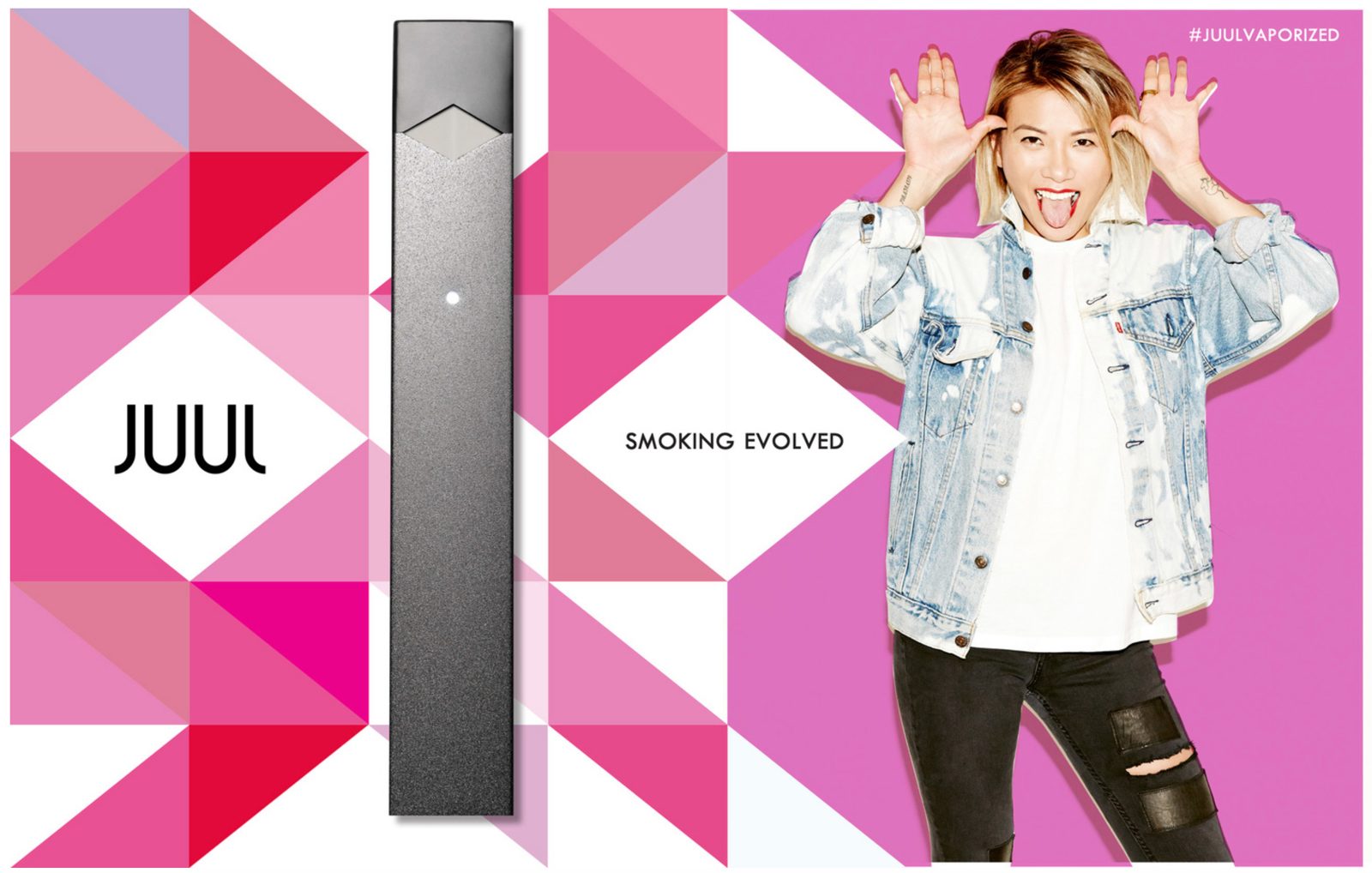 Juul Advertisement with multicolored shapes, a juul device and a young women making a funny face