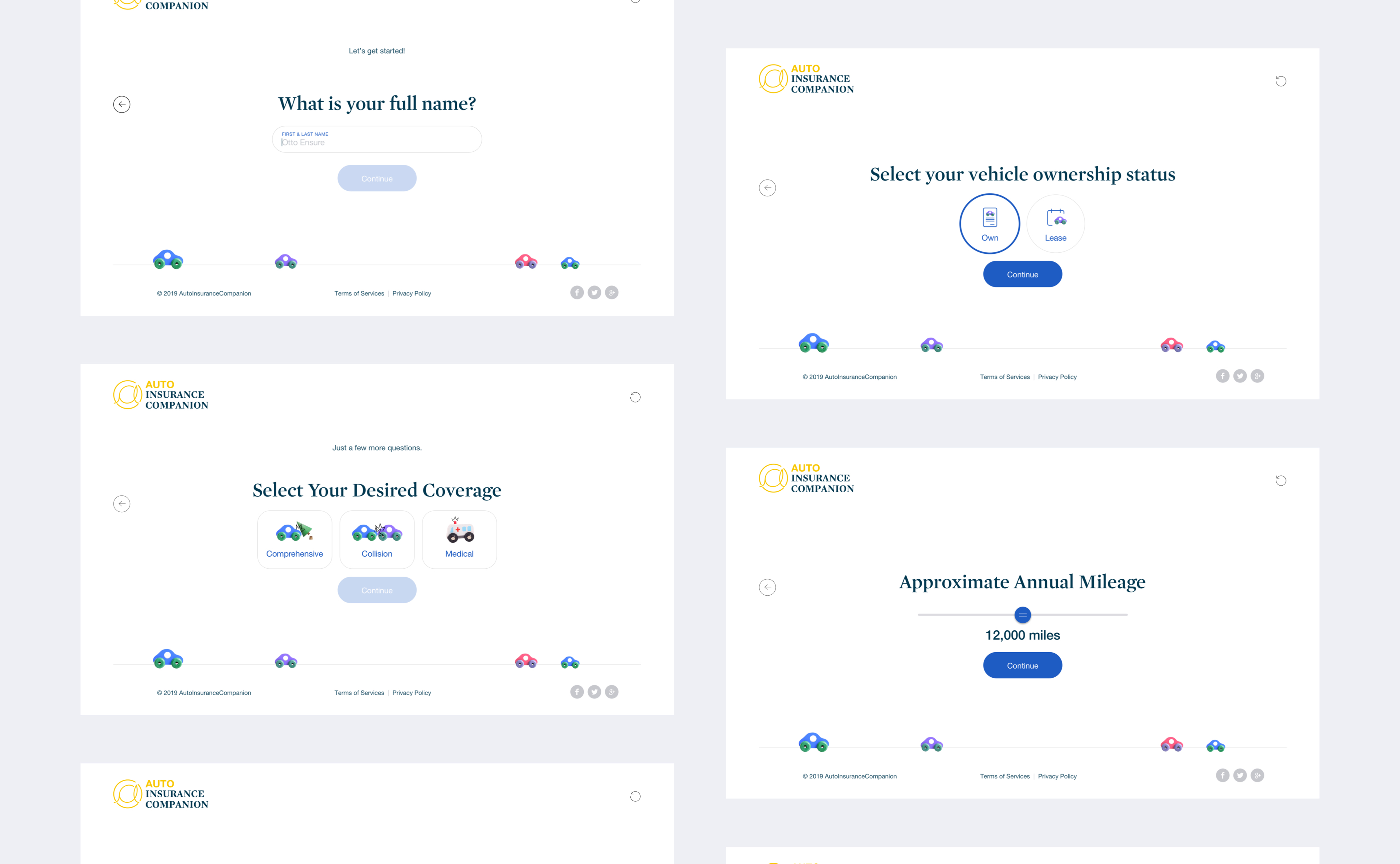 Auto Insurance Companion progressive onboarding steps user interface design by RocketAir