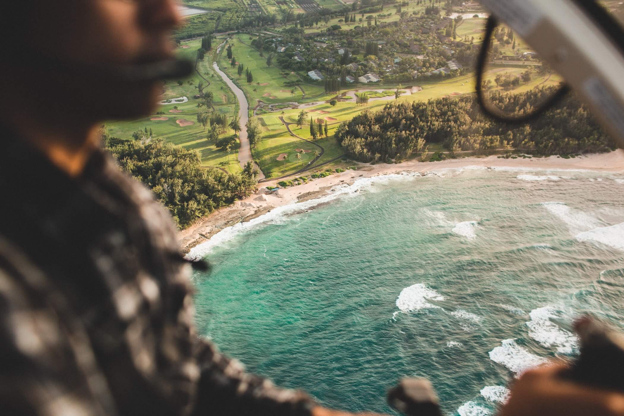 An aerial view of the island of Maui, taken from a helicopter tour.