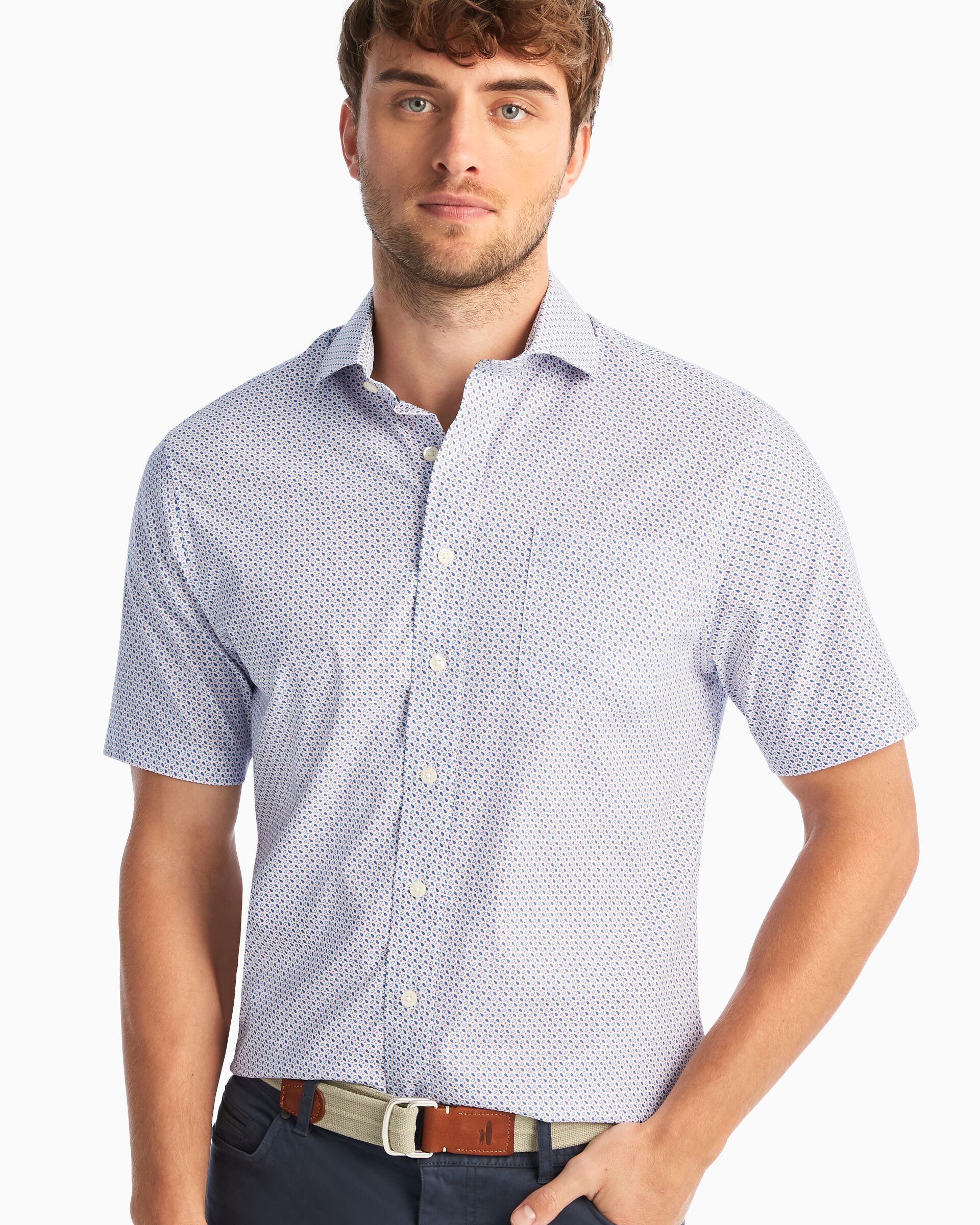 Hines Printed Prep-Formance Short Sleeve Button Down Shirt (White)