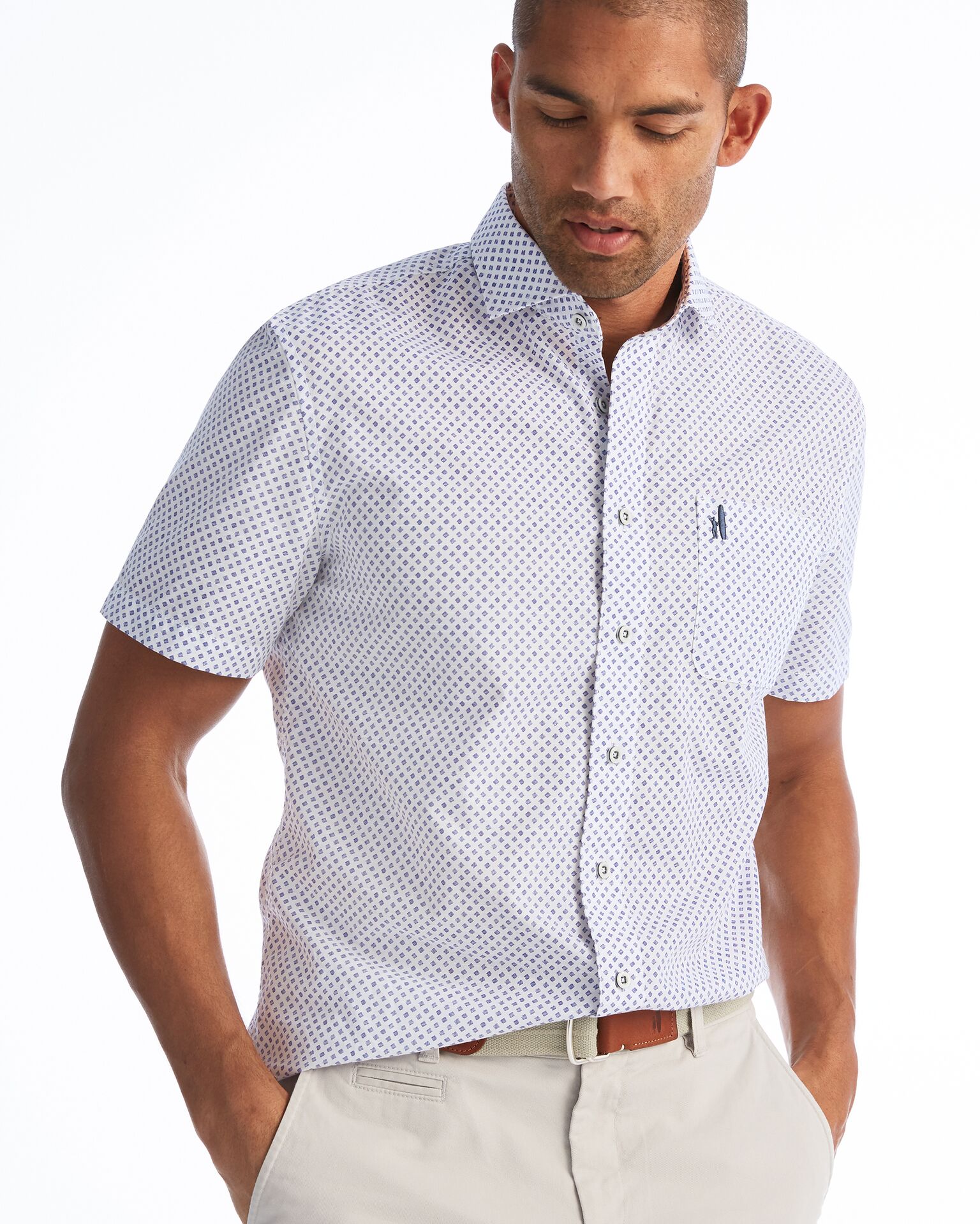 Price Printed Hangin' Out Button Down Short Sleeve Shirt (Deep Water)