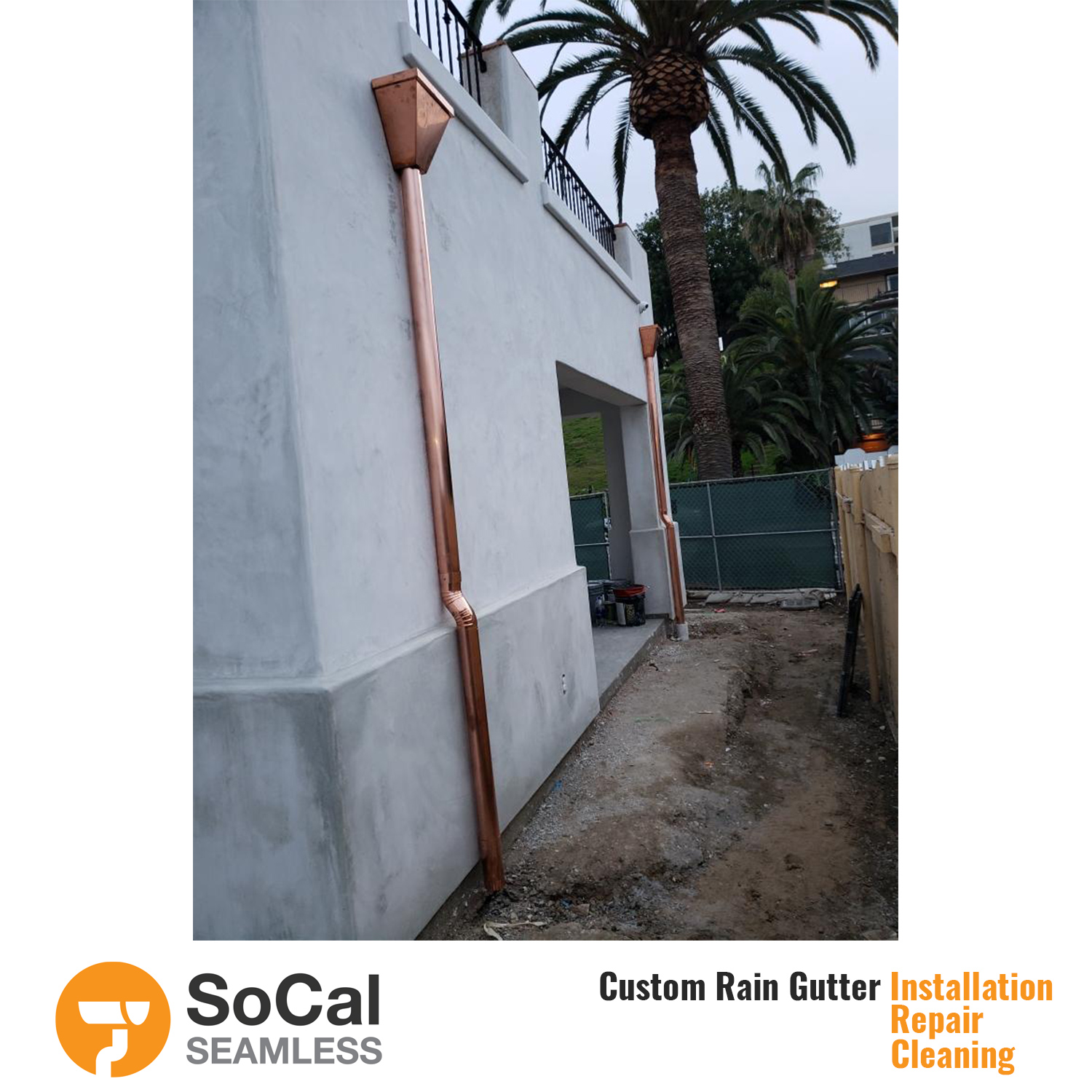 copper half round rain gutter downspout installed by socal seamless