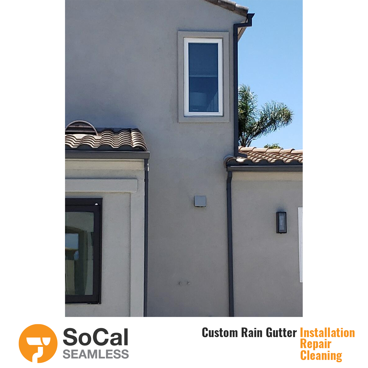 two story home with half round black rain gutter installation socal seamless