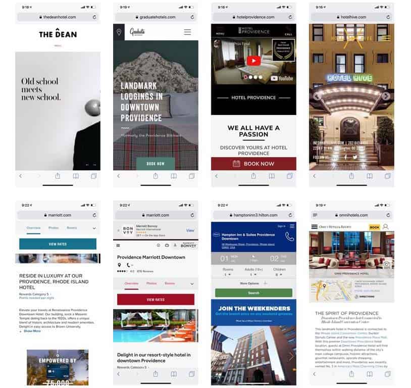 Shot of 8 mabile sites for localish hotels to compare if they have a book now button.