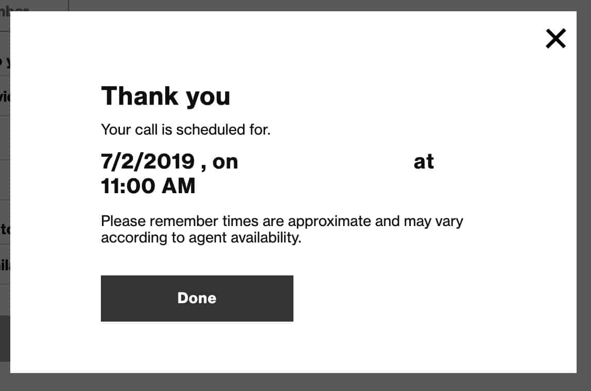Confirmation screen for schedule a call. They'll contact me in several hours. Approximately.