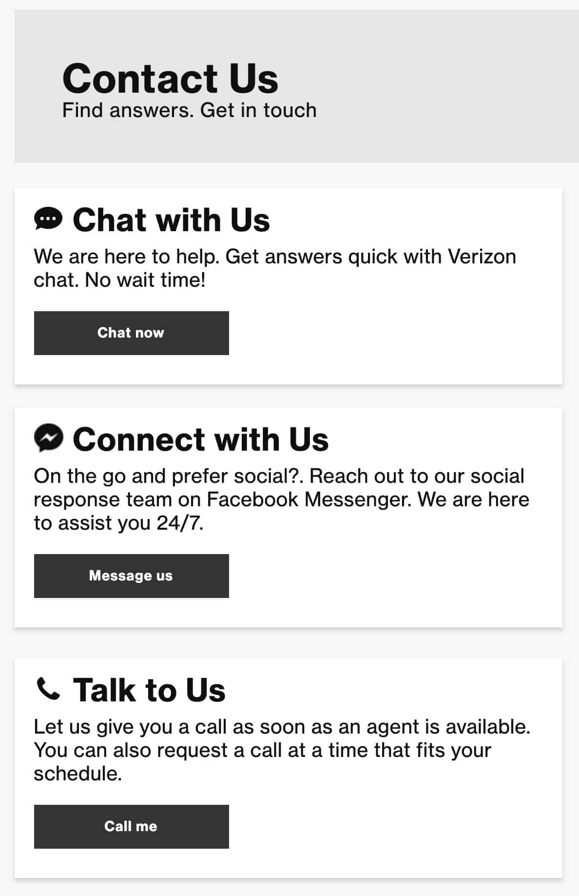 Contact screen with 3 ways to get in touch - Chat, Messanger, and Phone
