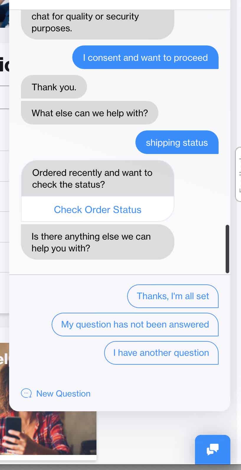 Screen of chat bot conversation