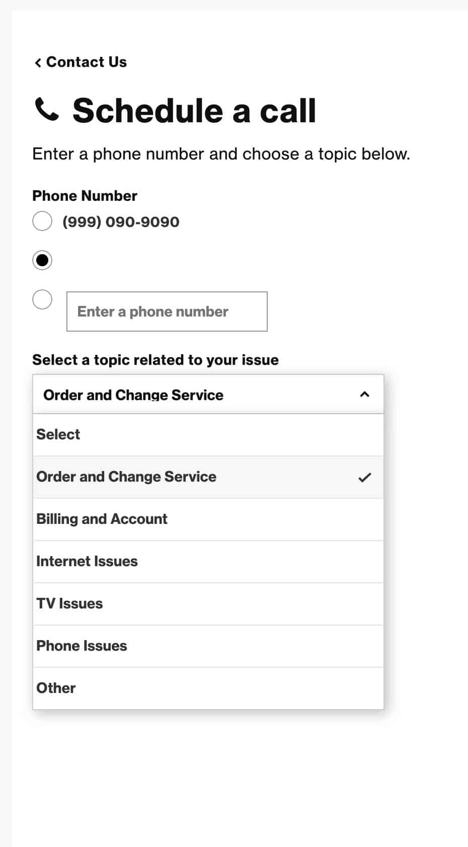 Screen of scheduling a call. Has dropdown for certain topics.