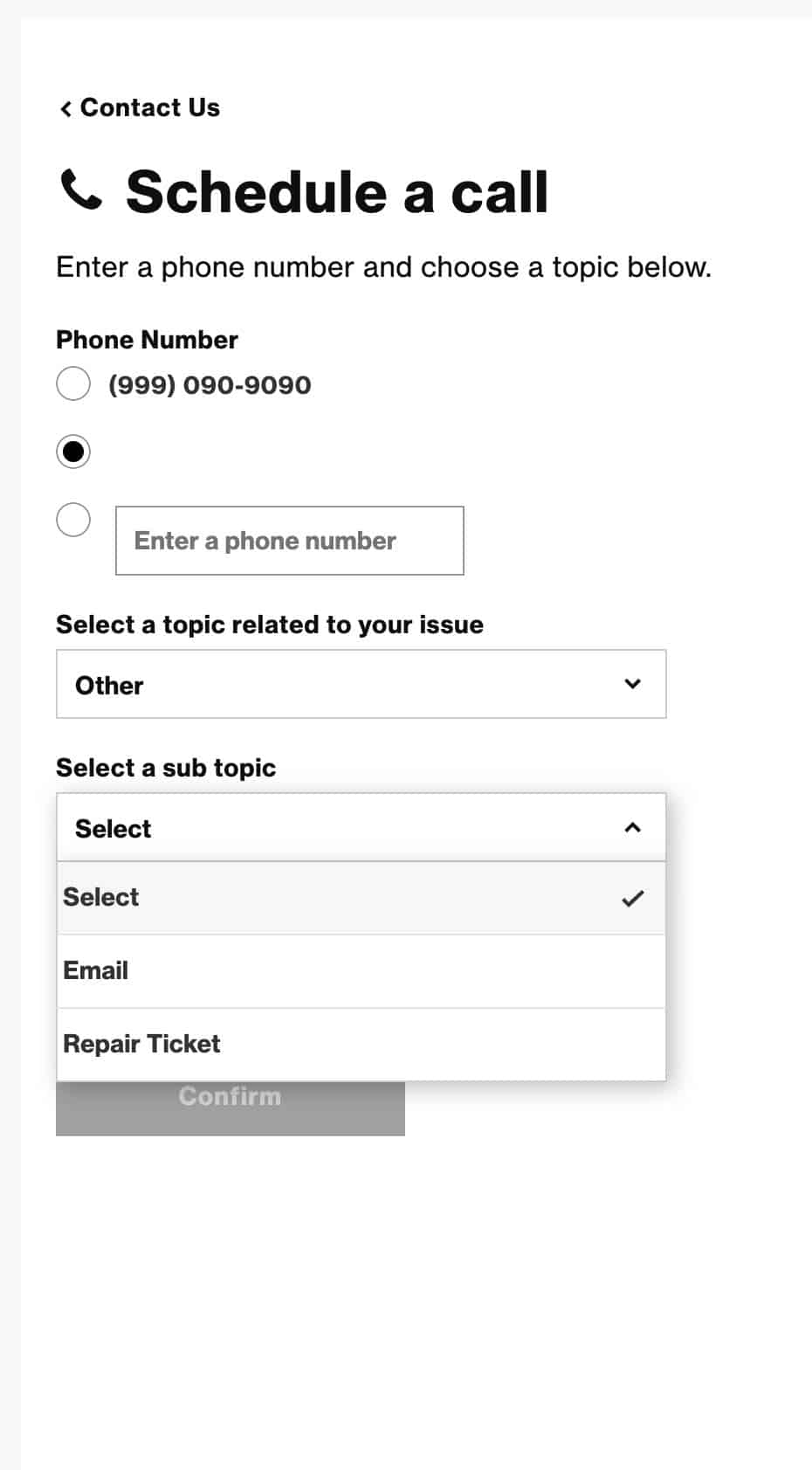 Screen of trying to enter a number and choosing Other for topic which then brings up email and repair ticket for options. Not sure why they needed to have Other for 2 choices.