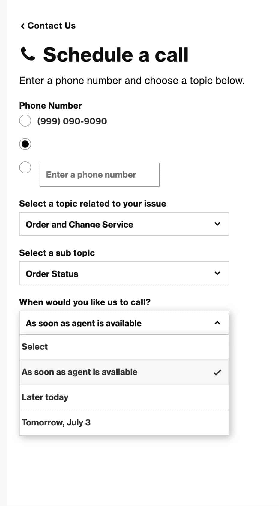 Screen of scheduling a call. I'm at the choice of when I'd like to be contacted. I chose as soon as agent was available. I'm sure they'll call right away.