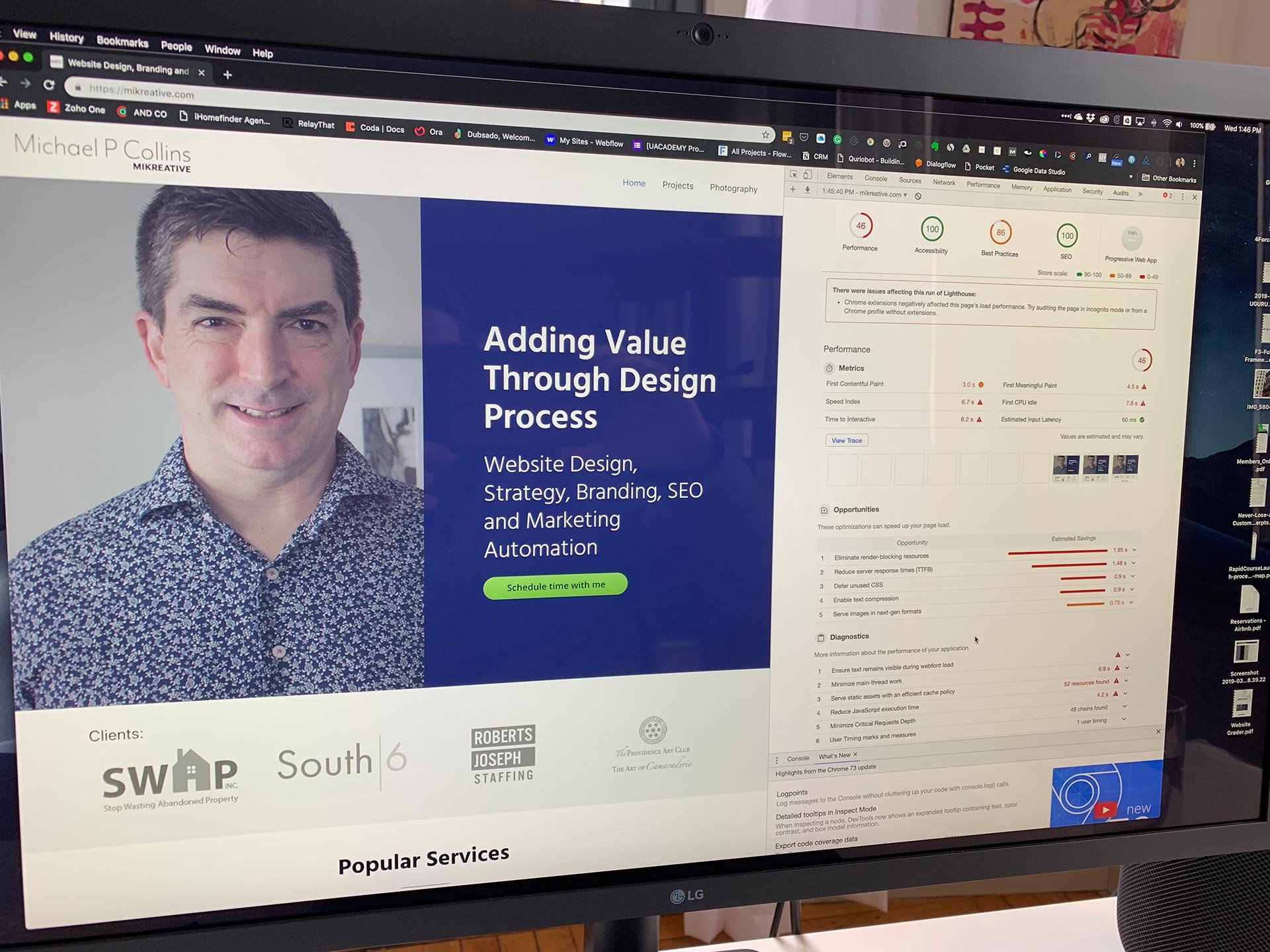 The screen shows one of my old websites on the left and the lighthouse results on the right.