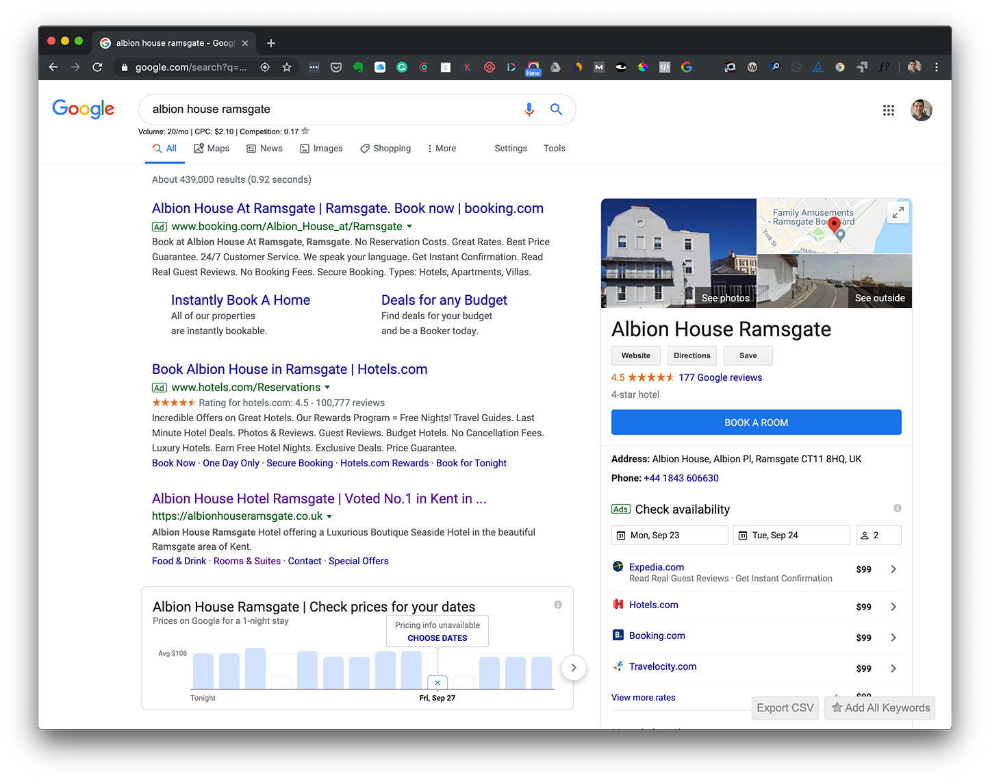 Screenshot of Google search results for Albion House Ramsgate