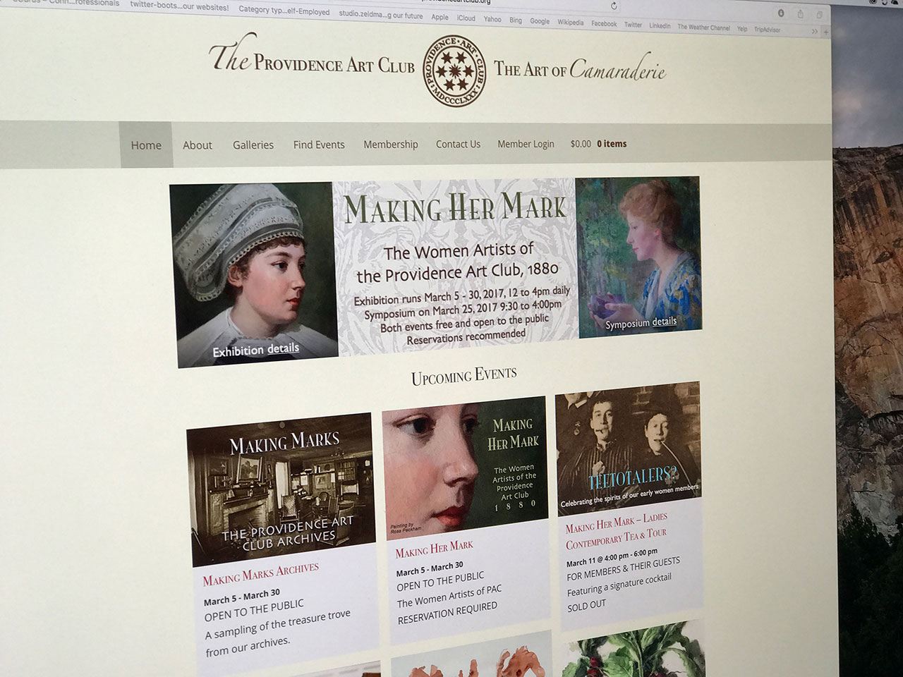 Screen shot of the Providence Art Club home page