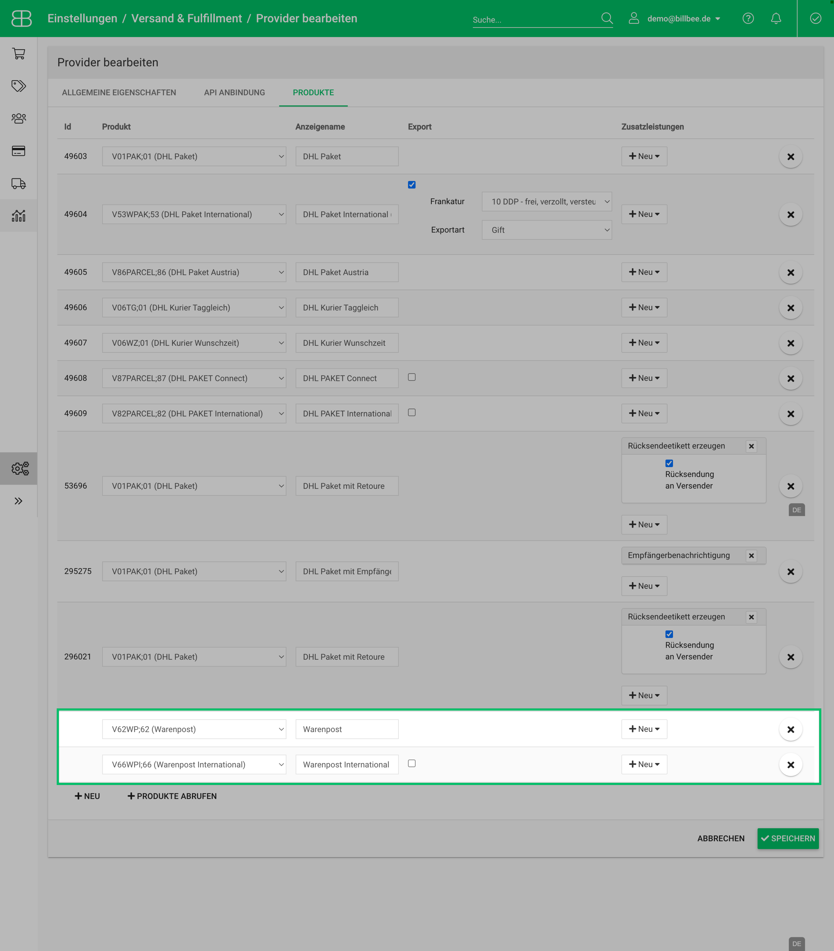 Screenshot aus Billbee zur Anbindung der DHL Warenpost