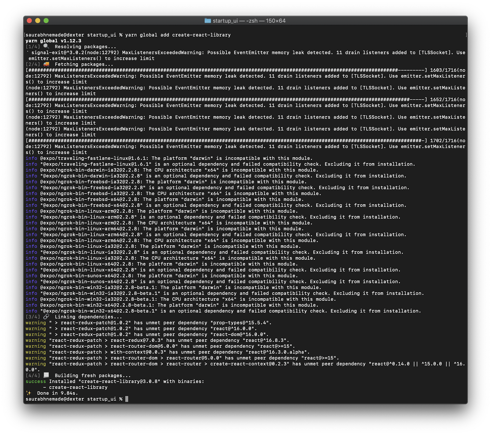Installing create-react-library globally output