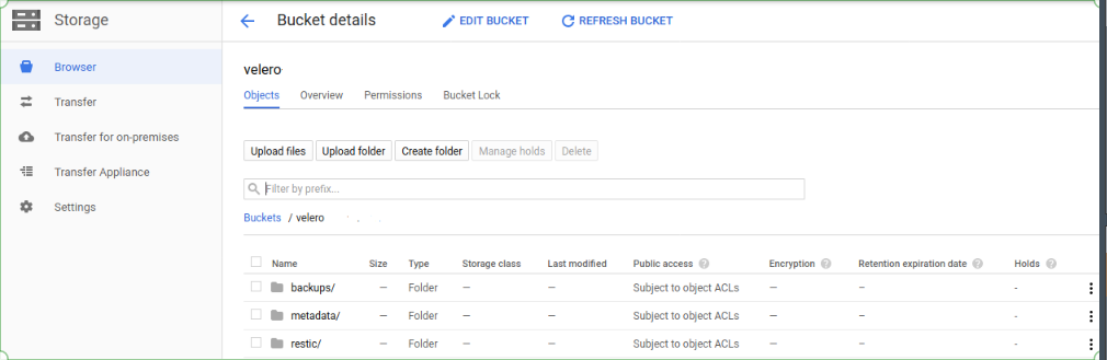 Velero GCP bucket