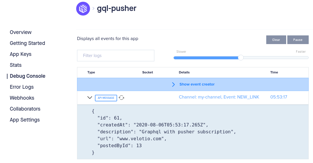 Event console on Pusher dashboard