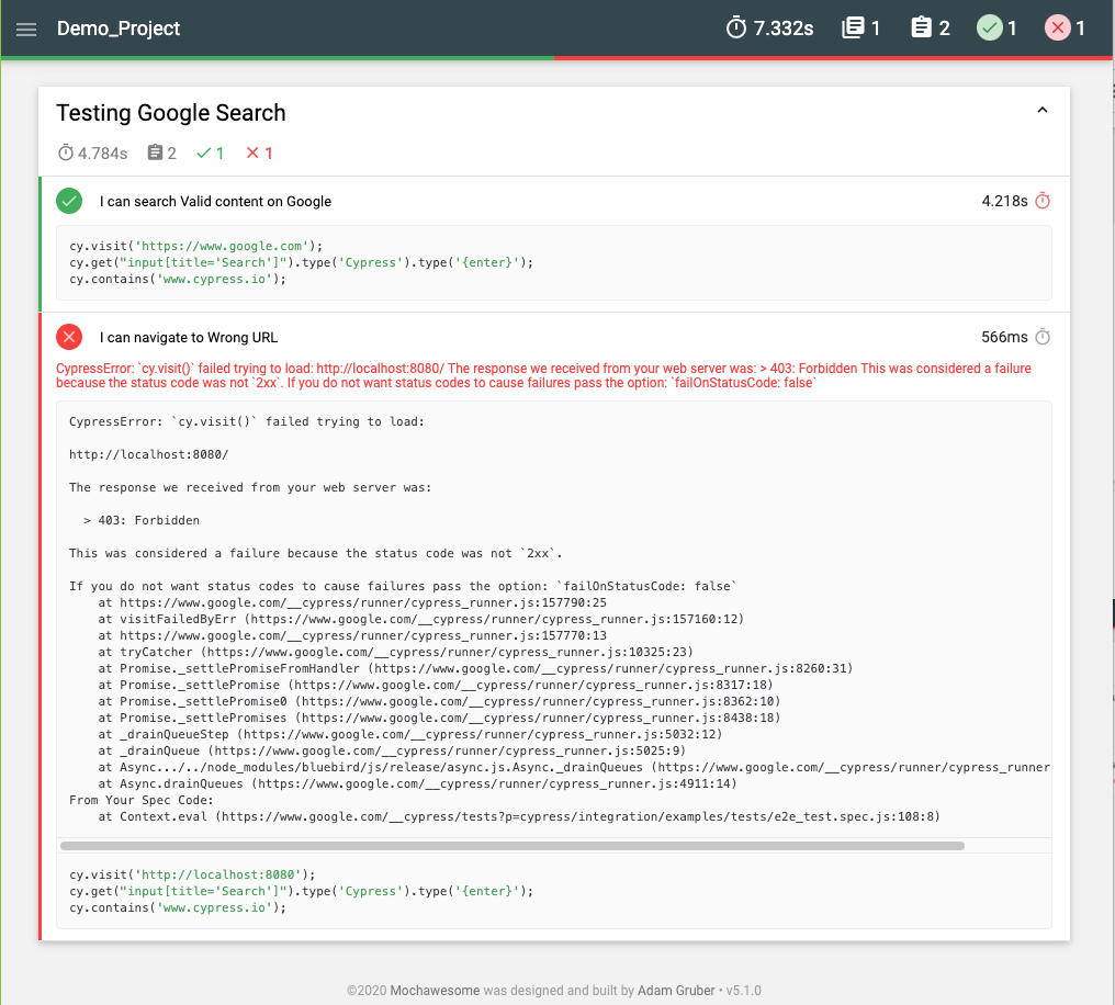 Cypress demo project Mochawesome report - tests run (detailed debug messages)