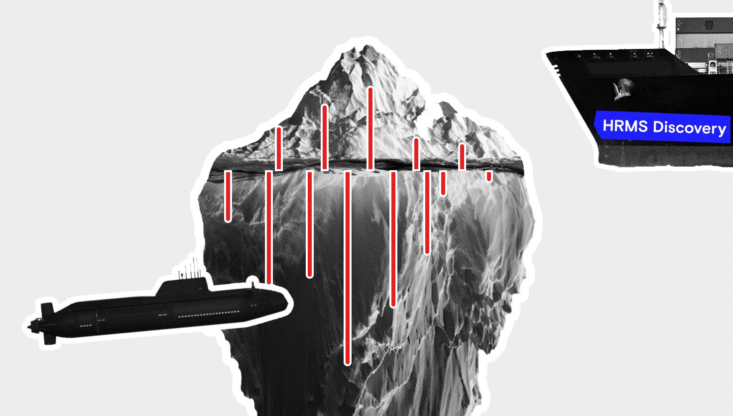 An iceberg with a small portion above the sea. A mass spectrum is mirrored along the sea level with one pattern above the sea and another mirrored below. A ship is positioned to the right, observing the top of the iceberg, while a submarine is positioned to the left, observing the underside of the iceberg.