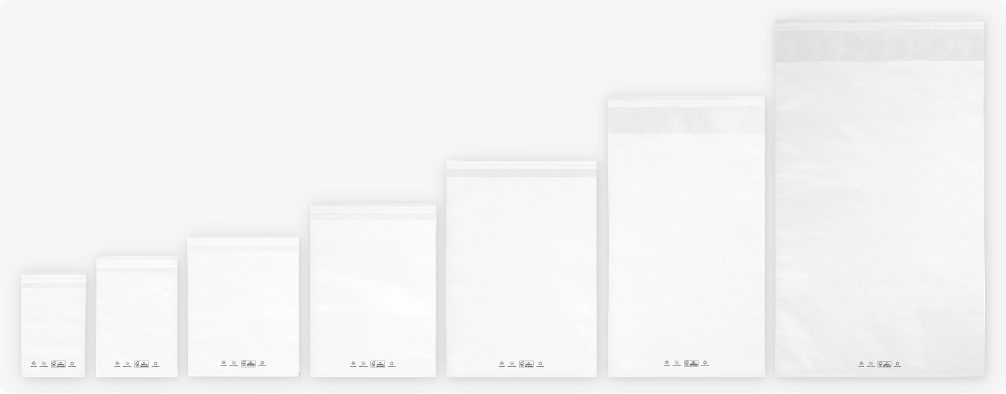 all 7 stock sizes of vela bags in a row