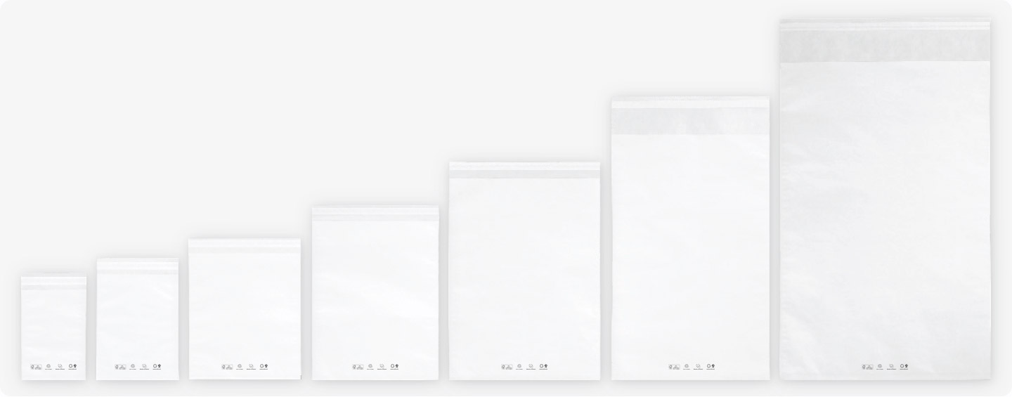 7 stock sizes of vela bags next to each other in a row