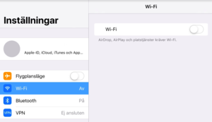 Inne pÄ instÀllningar i en iPad. Kontrollera att FlygplanslÀge inte Àr aktiverat, att Wi-Fi Àr aktiverat och att den Àr kopplad till rÀtt nÀtverk.