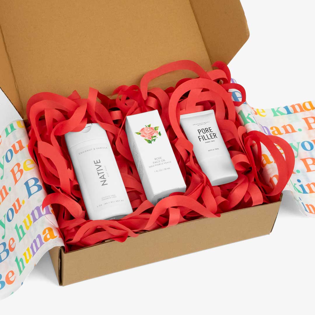makeup in an ecommerce box packaged with red SpiroPack