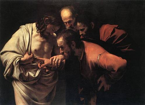 Pintura de Caravaggio Santo Tomas introduciendo un dedo en la llaga de Cristo