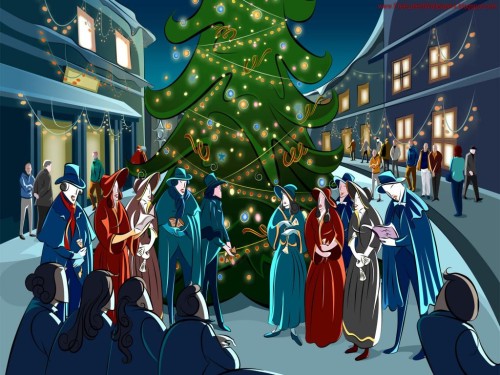 dibujo de villancicos frente a un arbol de navidad