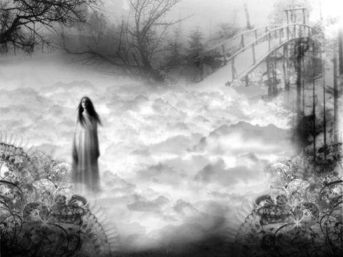 una fantasma en un paisaje helado y puente