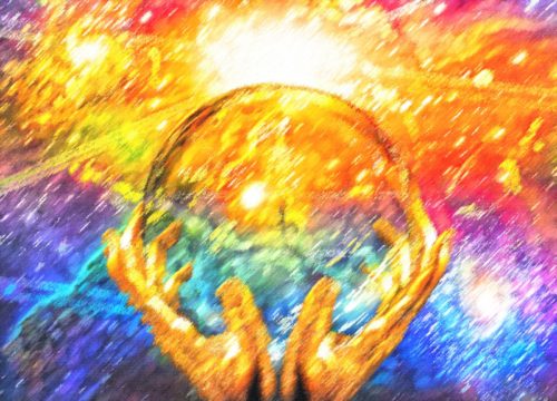 un mundo y manos new age
