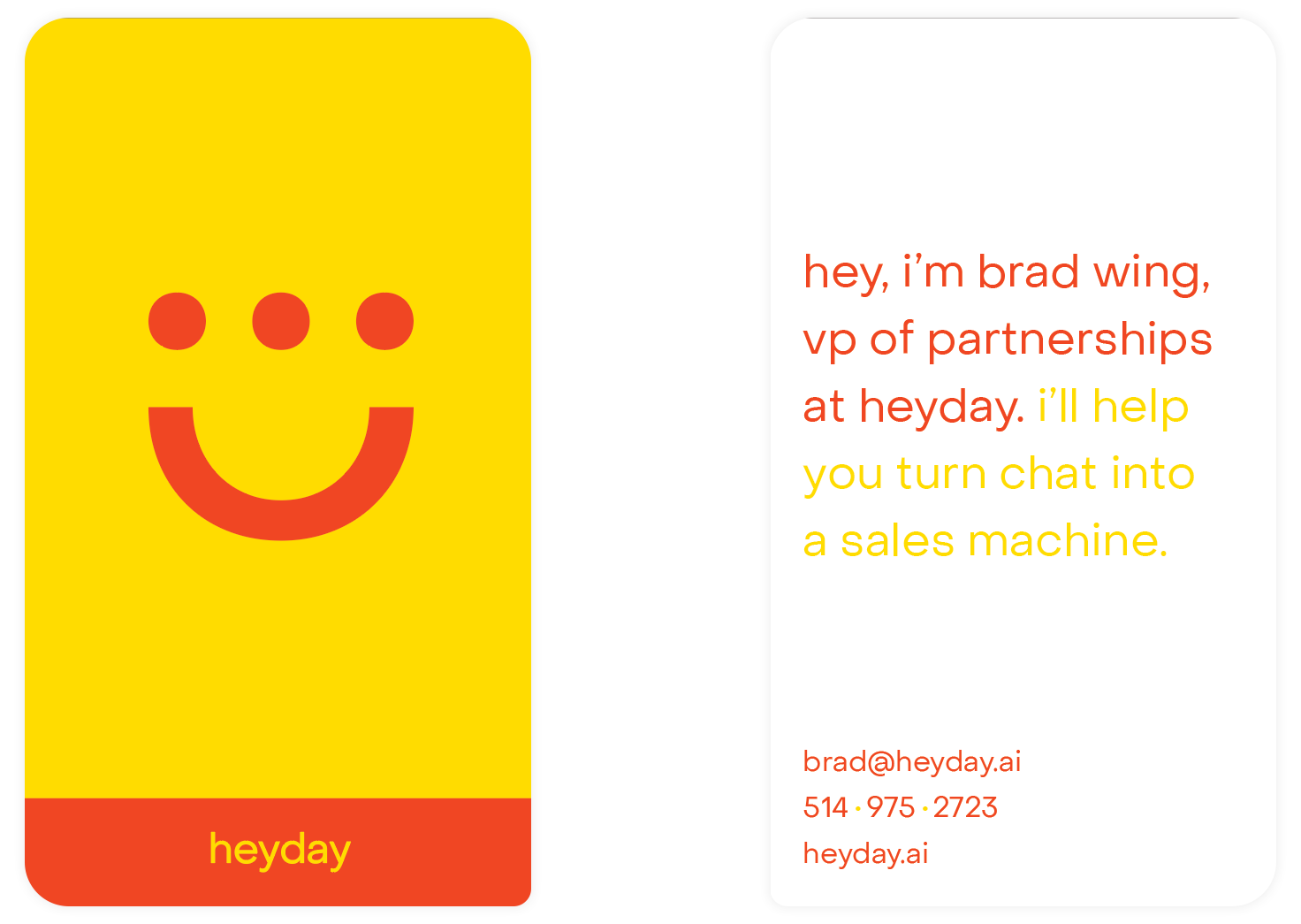 Heyday business cards with the logo and text.