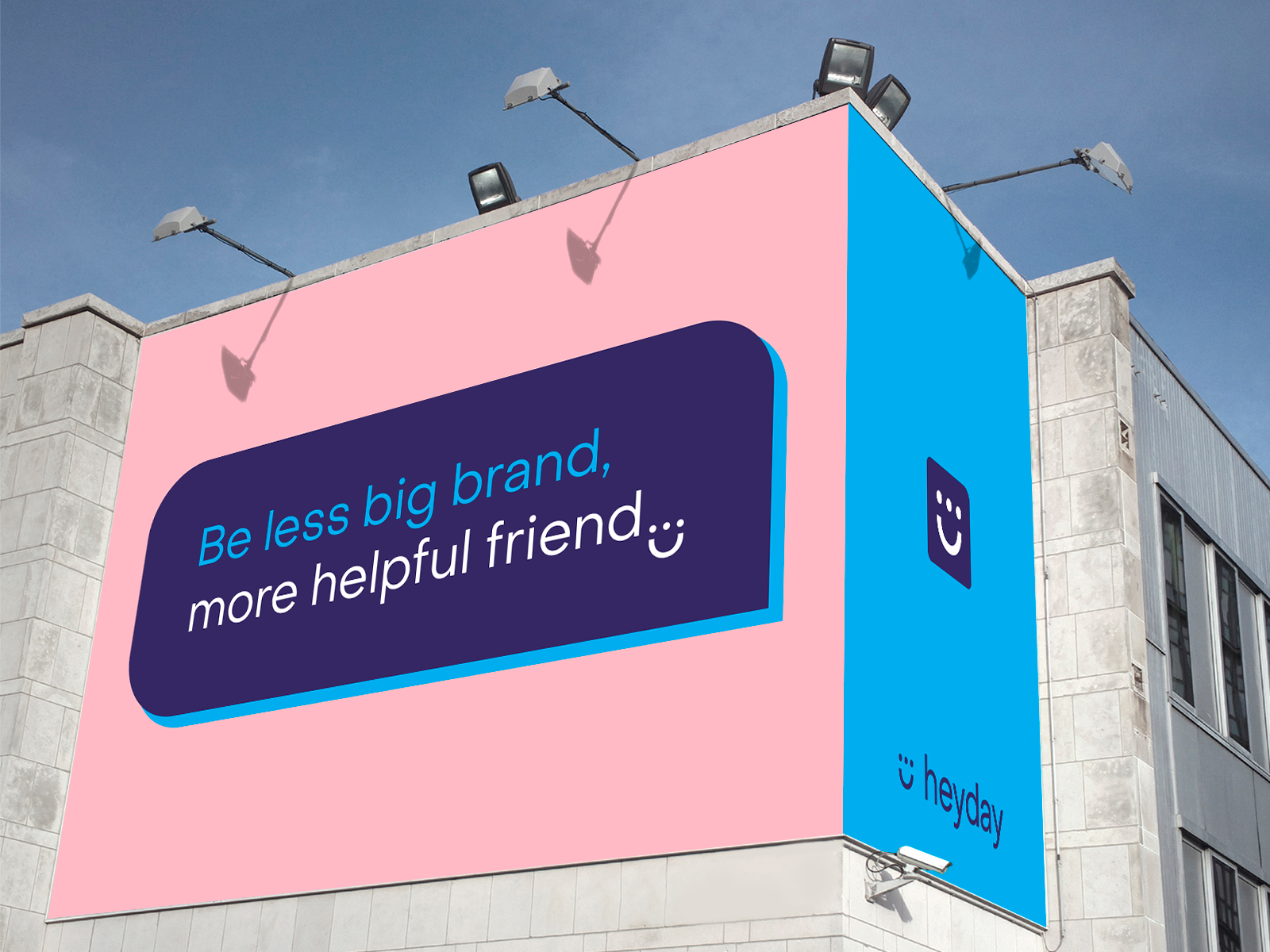Heyday logo and text shared on the side of a building.