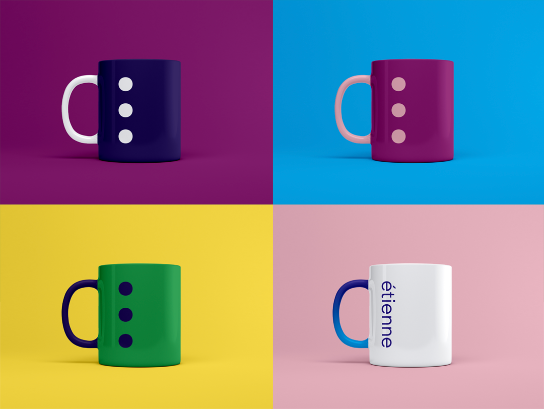 2x2 matrix with 4 mugs in different colours with the company logo