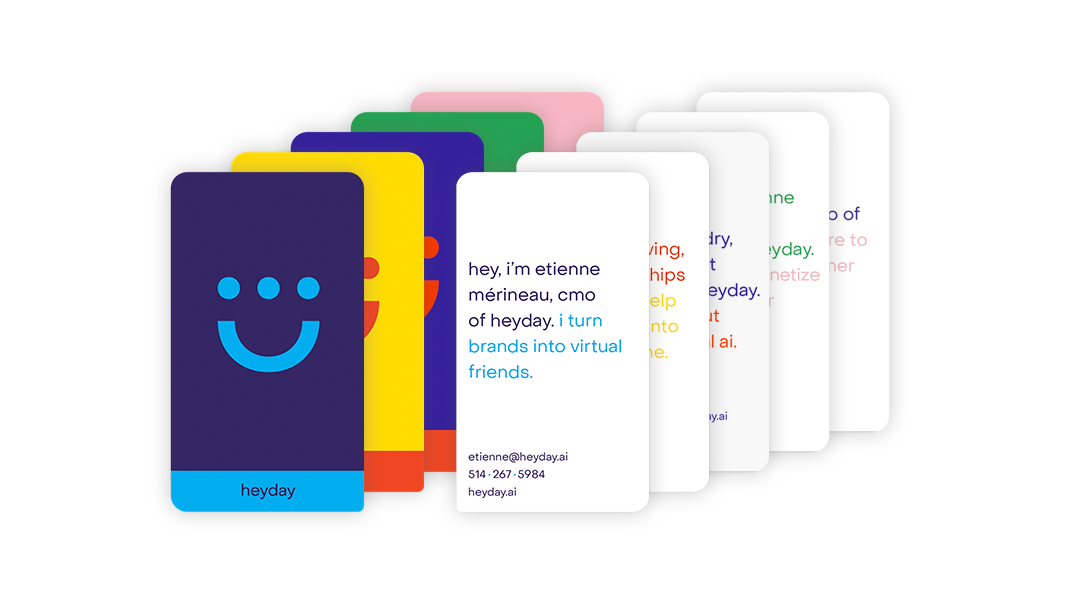 Conversational business cards with Heyday logo and some text.