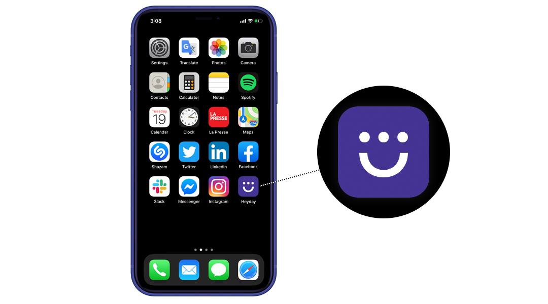 iPhone screen with several app icons along with the Heyday app icon.