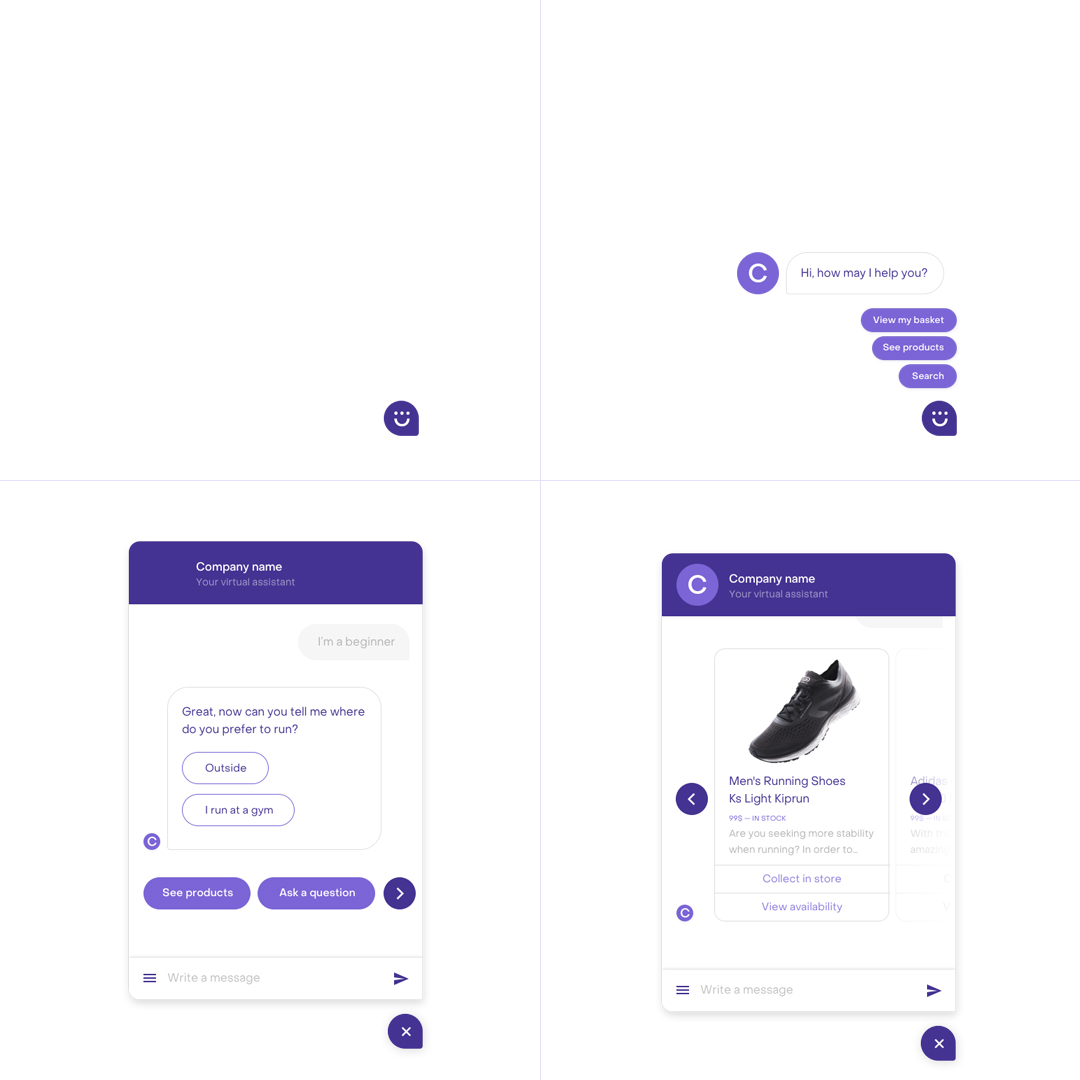 Evolution of the Heyday live chat widget as the conversation grows with product carousels and options shown inside chat.