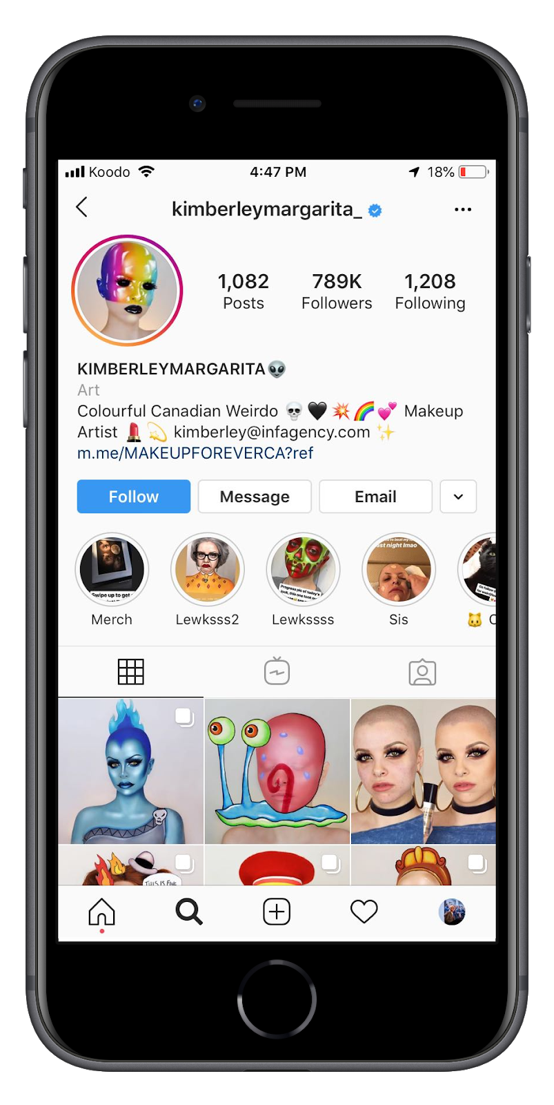 Profile screenshot of a MAKE UP FOR EVER influencer with a link to the virtual assistant in the bio