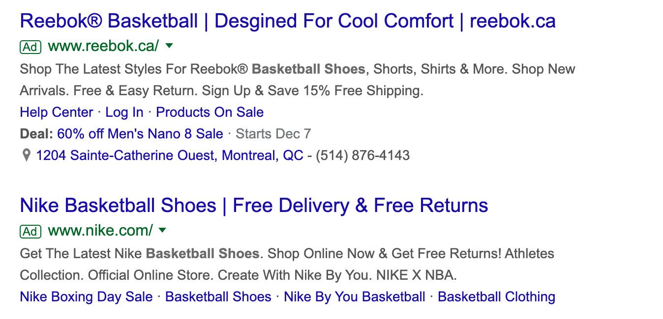 Google ad for Reebok and Nike