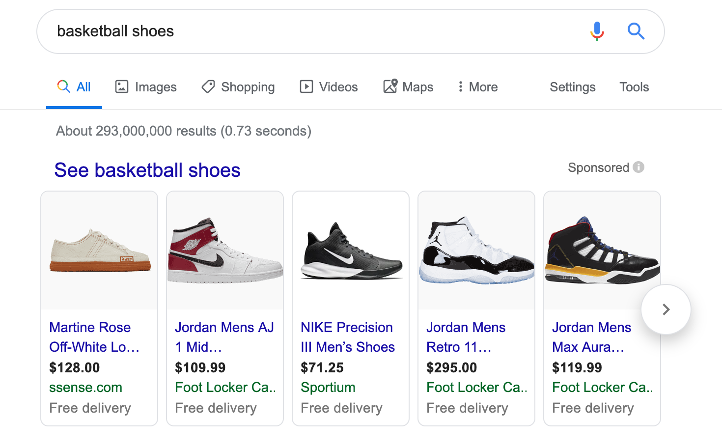 Google shopping product carousel for basketball shoes