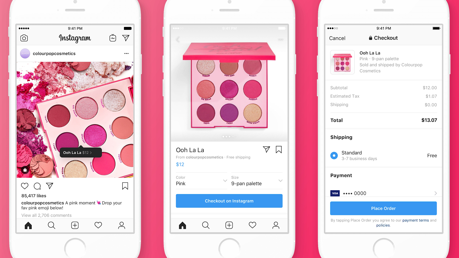 3 screenshots of colorpopcosmetics Instagram post from product to Instagram shopping and checkout.