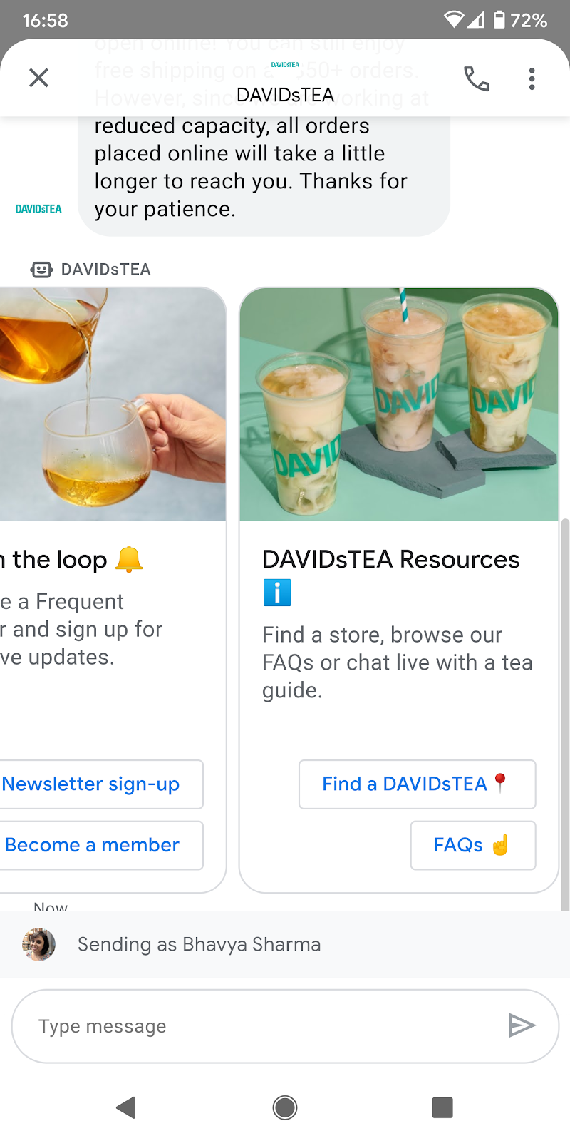 DAVIDsTEA Chatbot_Google Business Messages_Heyday