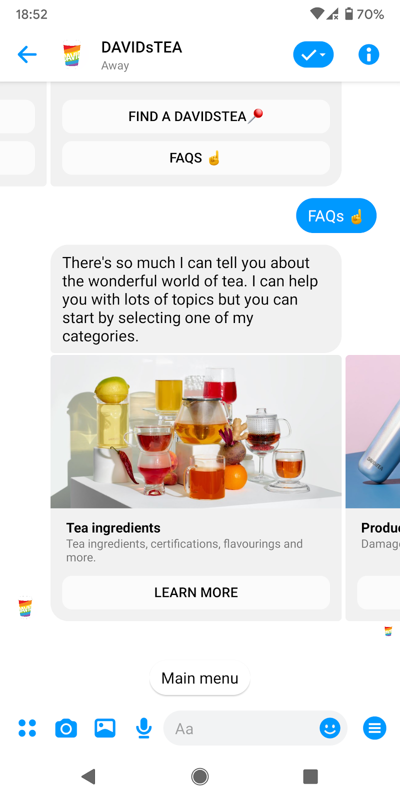 DAVIDsTEA chatbot DAVI_FAQ Automation_Heyday