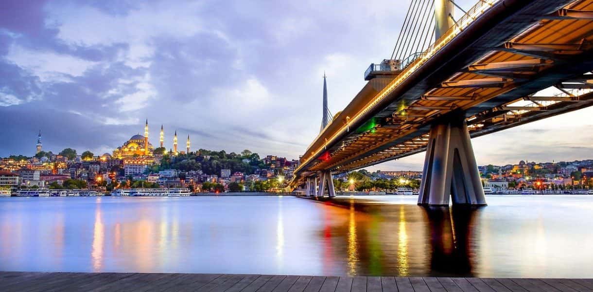 Riverside view of sun setting over Istanbul Turkey