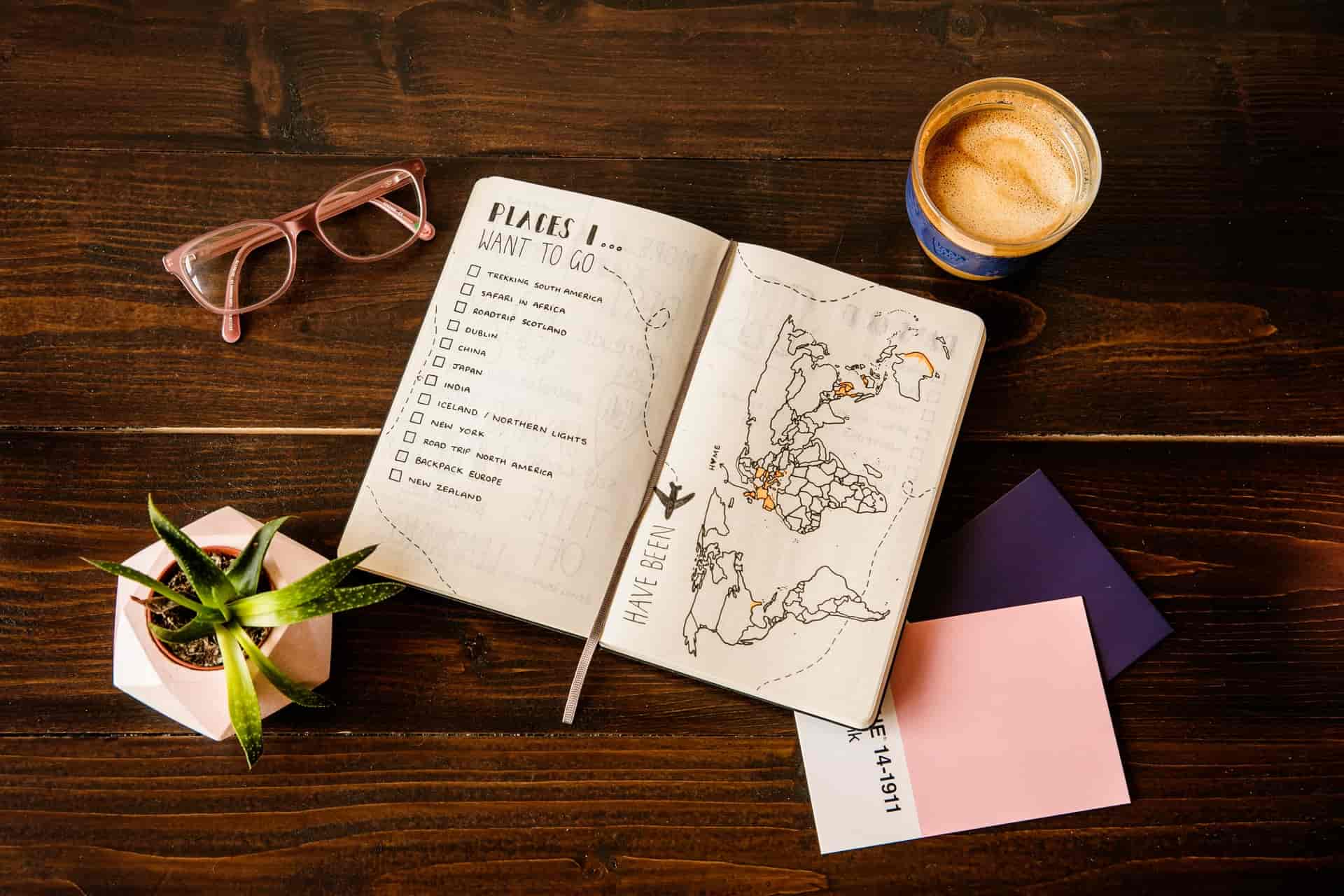 Travel itinerary and a coffee