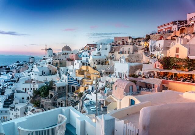 Santorini popular tourist viewpoint of Greek architecture